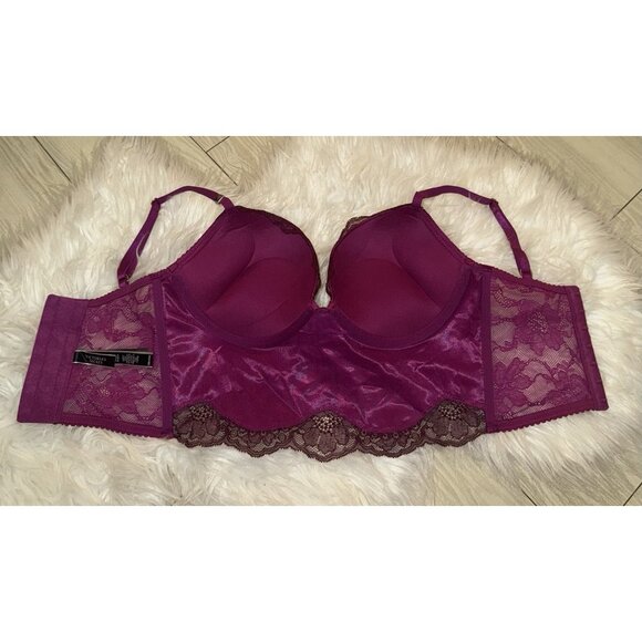 Victorias Secret Bombshell Plunge Bra Longline Add 2 Cups Satin Lace UW 32D New - Picture 5 of 7